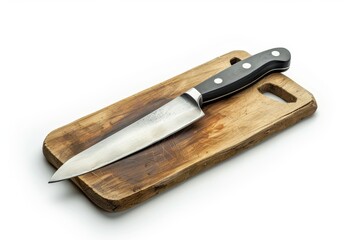 Large kitchen knife on aged cutting board isolated on white with clipping path
