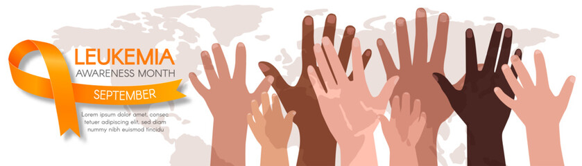 Leukemia Awareness Month. Long horizontal banner with an orange ribbon, diverse hands, and space for text.  Vector flat illustration.