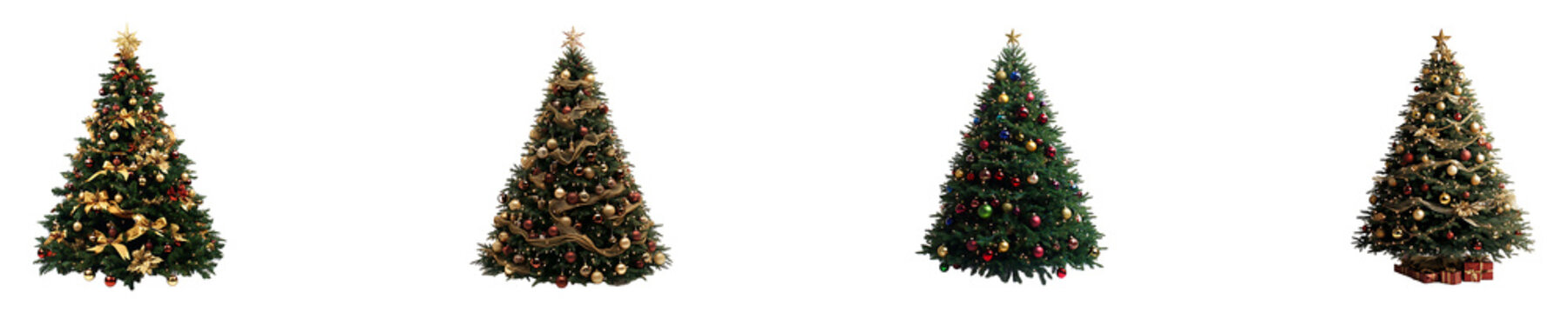 Set, collection of a beautifully decorated Christmas tree isolated on transparent background.