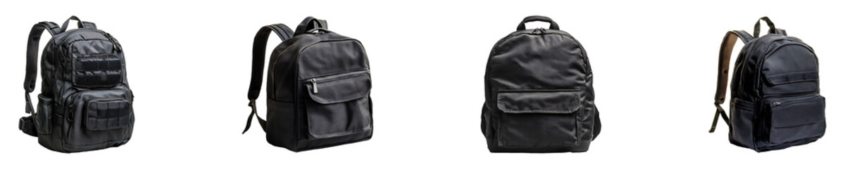 Naklejka premium Set, collection of a black backpack with a zippered pocket sitting isolated on transparent background.