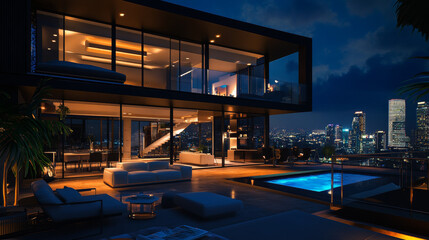 A modern, luxurious city house at night, shown in a 3D image.