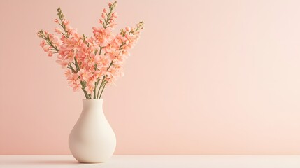 A beautiful arrangement of pink flowers in a soft-toned vase against a pastel pink background. Perfect for expressing elegance and tranquility, this image embodies minimalism and serenity, ideal for d