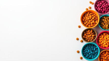 Colorful bowls filled with assorted candies placed on a white background. High-angle view with vibrant colors creating a cheerful and playful vibe.