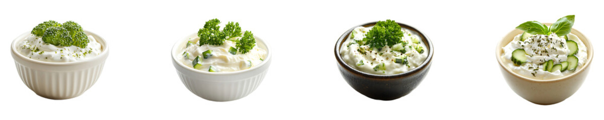 Set, collection of a bowl of sour cream with a green vegetable inside isolated on transparent background.