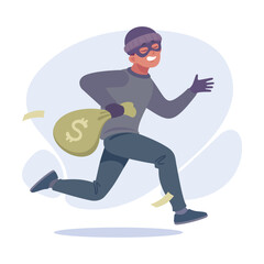 Man Criminal Escape with Money Sack Commit Crime and Theft Vector Illustration