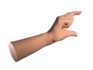 A hand using two fingers to hold and measure an invisible object isolated on white.