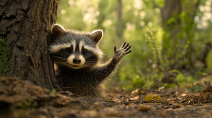 Fototapeta premium Raccoon waving hello from behind a tree in a dense forest, copy space