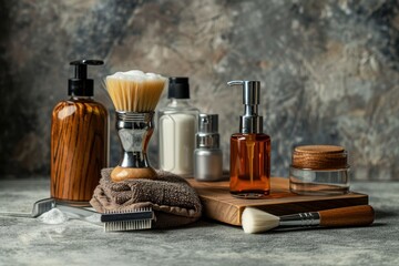Men s grooming items on table brush razor foam aftershave Beauty care kit for males Self care tools