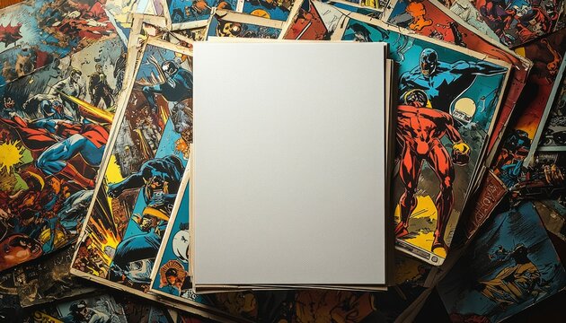 Blank Paper on a Pile of Vintage Comic Books