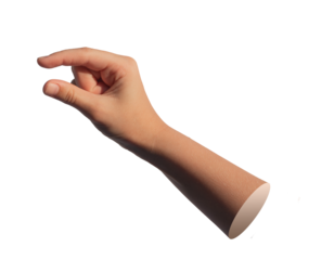 A hand using two fingers to hold and measure an invisible, small object isolated on a white background
