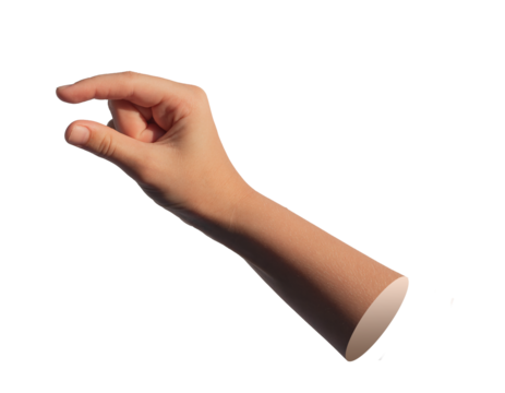 A hand using two fingers to hold and measure an invisible, small object isolated on a white background