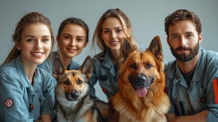 Animal rescue team with rescued animals on white background