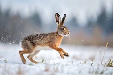 Obraz premium A hare runs across a snow-covered field in winter