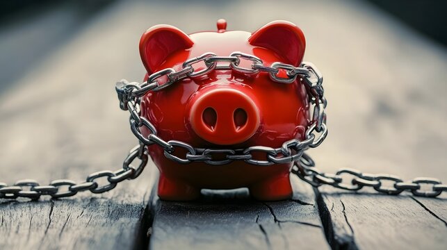 Heavy chain around a piggy bank, depicting financial debt constraint