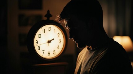 Man checking the time, unable to sleep due to insomnia, dim light from a clock