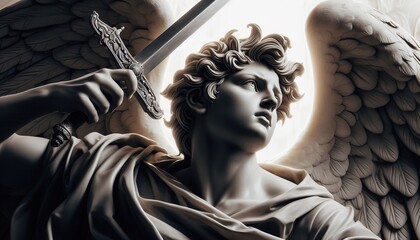 Marble sculpture of an angel with a sword in his hands