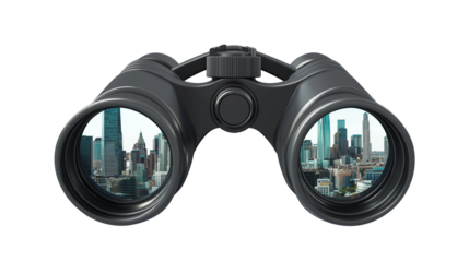 Pair of binoculars with cityscape view isolated on transparent background