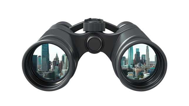 Pair of binoculars with cityscape view isolated on transparent background - Powered by Adobe