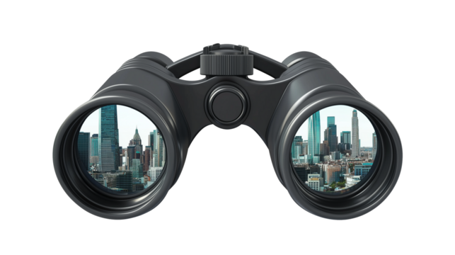 Pair of binoculars with cityscape view isolated on transparent background