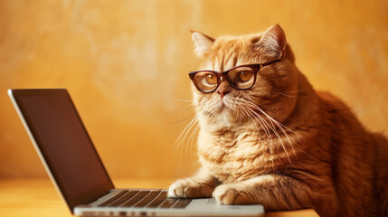 orange cat with glasses looking at laptop on yellow background, sitting behind a computer, serious cat working as IT, business boss, cat looking for best food prices, deals