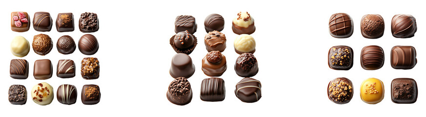 Obraz premium Set, collection of a selection of chocolate candies isolated on transparent background.
