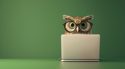 owl with glasses sitting on a laptop, using a computer, hunts best deals, green background with copy space © Vilma