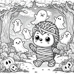 Halloween baby hedgehog dressed mummy coloring pages generative ai