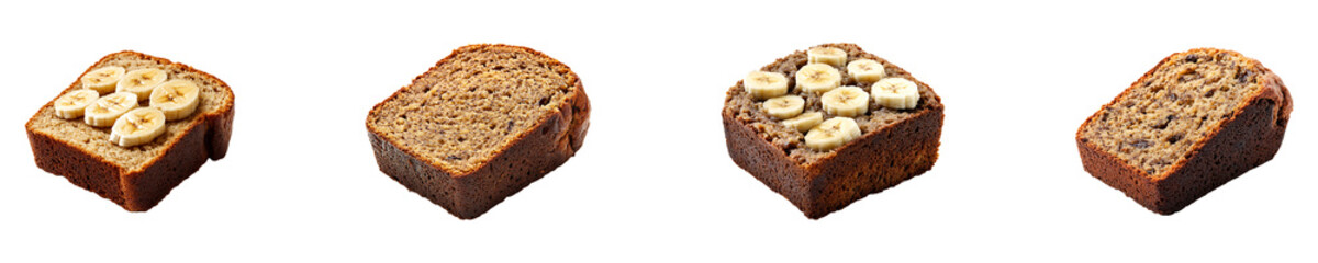 Set, collection of a slice of banana bread isolated on transparent background.