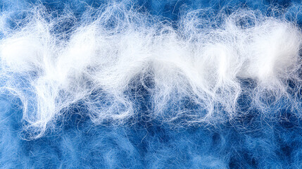 Fototapeta premium Soft white fibers interspersed on a vibrant blue background create an artistic texture similar to clouds or cotton