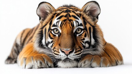 Fototapeta premium Beautiful tiger sitting gracefully with a white background for focus