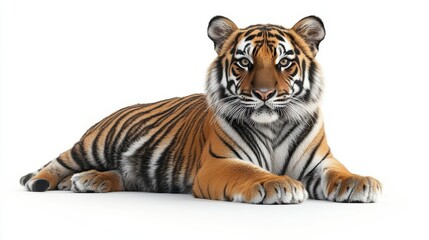 Obraz premium Beautiful tiger sitting gracefully with a white background for focus