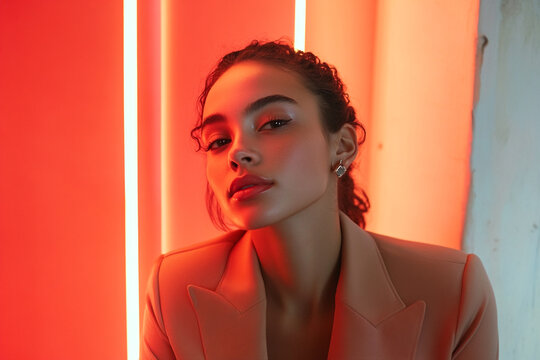 Trendsetting Woman in Light Brown Suit with Solid Neon Coral Chic Fashion Lifestyle Portrait Background