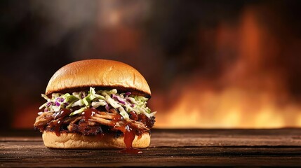 A mouthwatering barbecue burger topped with fresh coleslaw, set against a fiery background for a delicious food presentation.