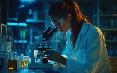 Female scientist working in the laboratory using microscope and computer
