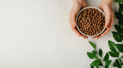 Hands holding a bowl of beans on a white background with green leaves. Perfect for health, nutrition, and natural lifestyle concepts.