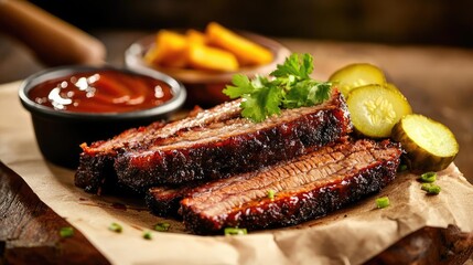 Savory barbecue brisket served with condiments and pickles, ideal for delicious meal inspiration and food photography.