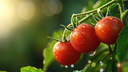 Fresh red tomatoes on vine with morning dew, showcasing vibrant colors and healthy growth in a garden setting.