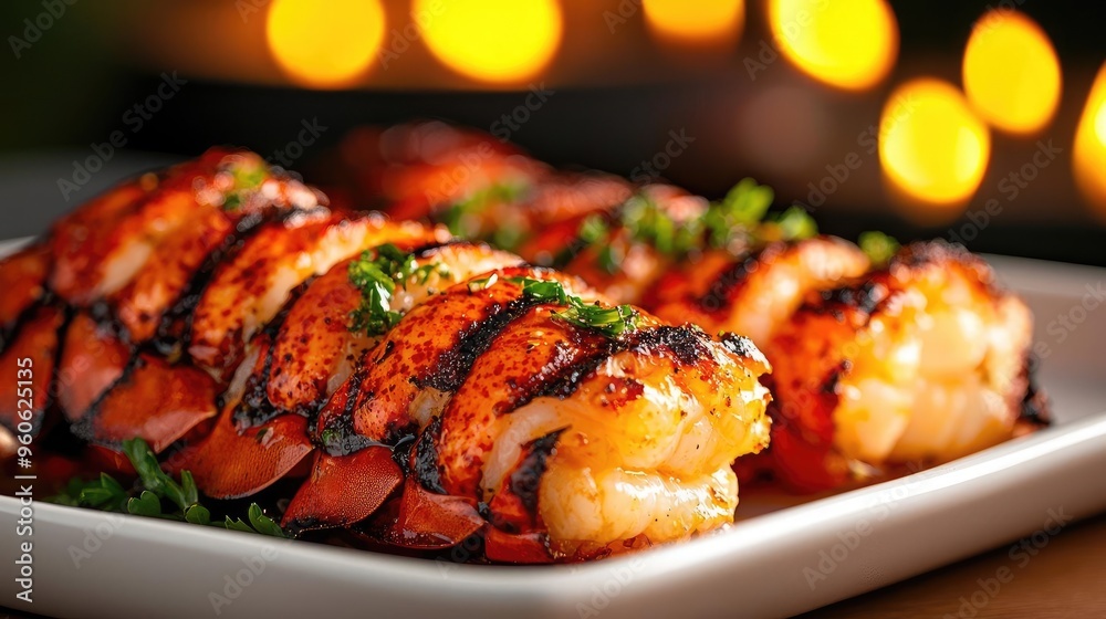 Wall mural delicious grilled shrimp served on a white plate, garnished with herbs and set against a warm, glowi