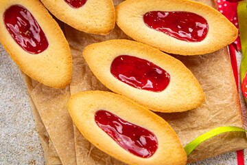 Christmas cookies strawberry jam sweet cookies baked goods Christmas background New Year's holiday fresh meal food snack on the table copy space food background 