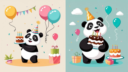 cute cartoon panda with cake, birthday flat design illustration