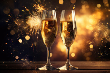 generated illustration of glass of champagne with firework on bokeh background