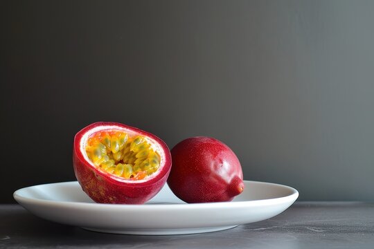 Passion fruit on plain plate
