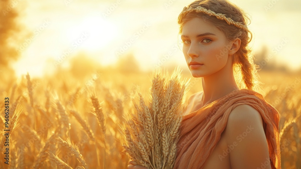 Wall mural serene demeter, goddess of the harvest, holding wheat, symbolizing fertility and agriculture.