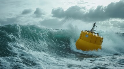 A wave energy converter buoy is positioned in rough waters, actively capturing ocean energy as large waves crash against its structure under a cloudy sky