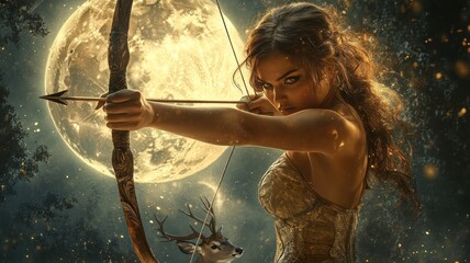 Artistic Artemis, goddess of the hunt, drawing her bow, symbolizing independence and nature.