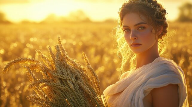 Serene Demeter, goddess of the harvest, holding wheat, symbolizing fertility and agriculture.