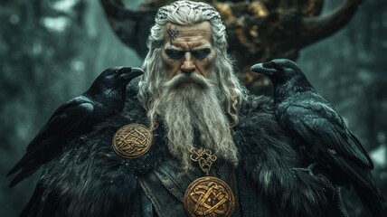 Majestic Odin with ravens, standing before Yggdrasil, symbolizing wisdom and power in Norse mythology.