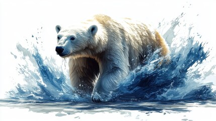 Fototapeta premium Clipart of a polar bear with a backdrop of melting ice caps on a white background