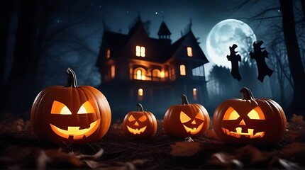 haunted house spooky forest night pumpkins ghosts banner space text