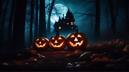 haunted house spooky forest night pumpkins ghosts banner space text